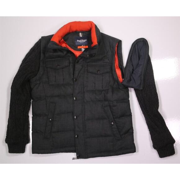 Paul Stuart Japan Gray Puffer Down Jacket Vest w/ Zip Off Knit Sleeves Jacket~ S - Picture 11 of 11